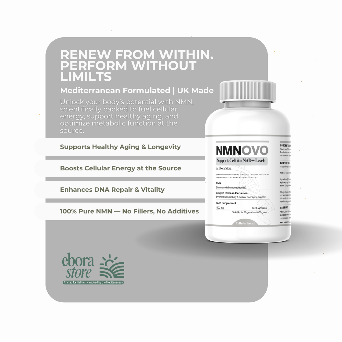 NMNOVO | NAD+ Booster by Ebora Store | Delayed-Release | 60 Capsules (2-Month Supply) | Clinically Researched NAD⁺ Support • Third-Party Tested • Pure Formula