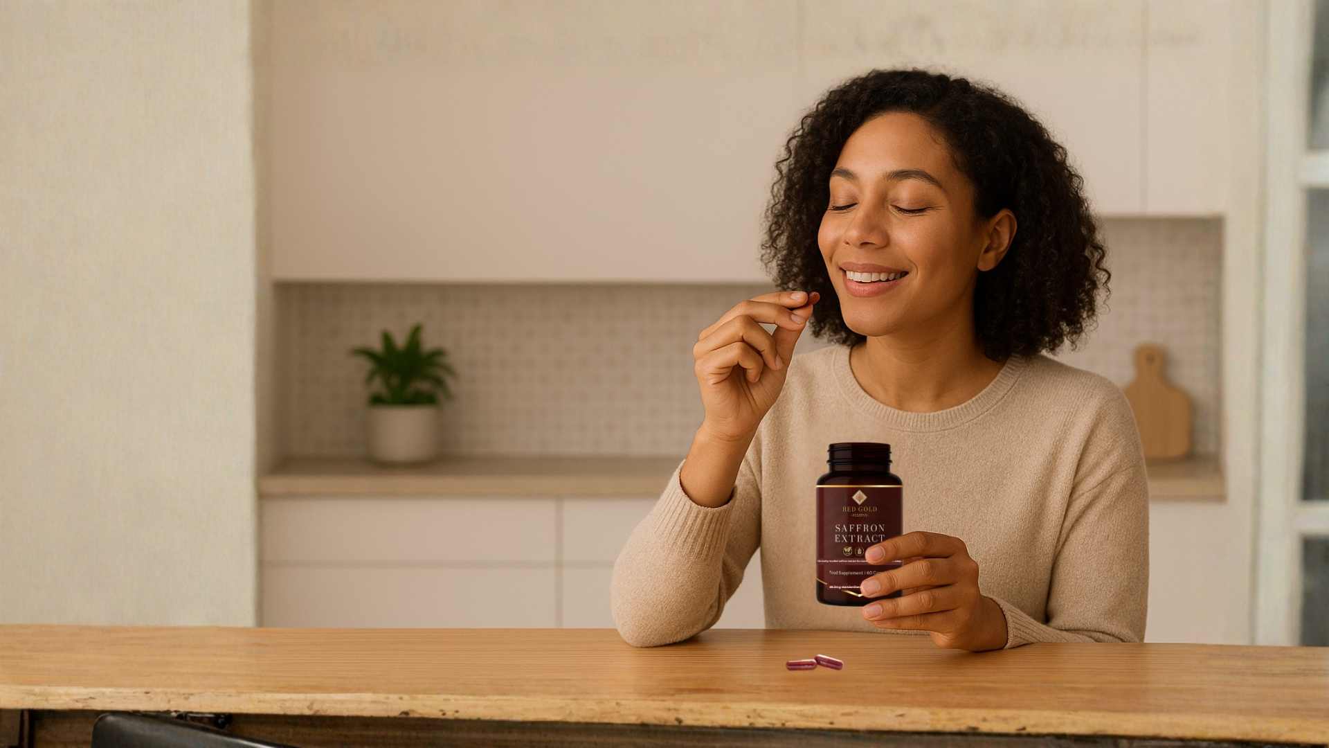 Woman holding a bottle of RedGold88 supplements and a pill in a kitchen setting